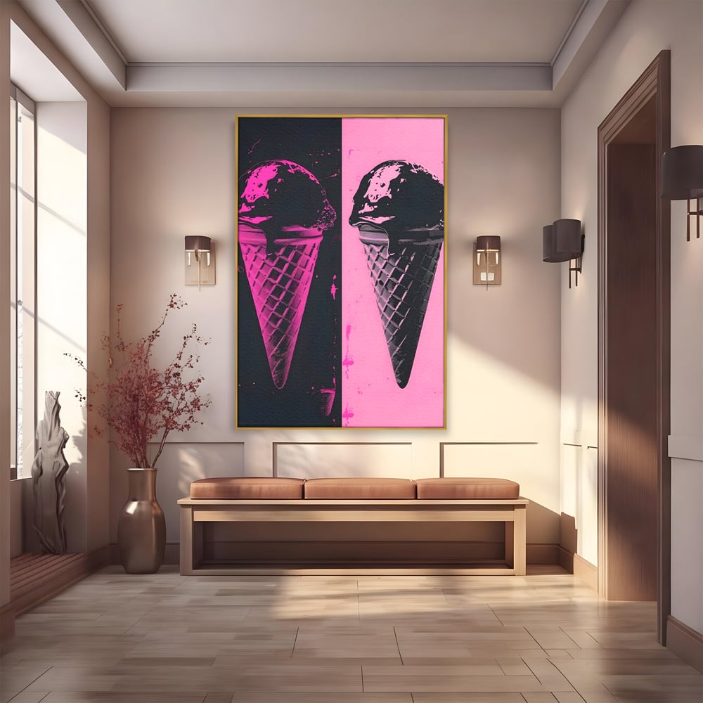 Tablou canvas cu tablou canvas cu doua inghetate pe bat impartit vertical, in rama de aluminiu auriu